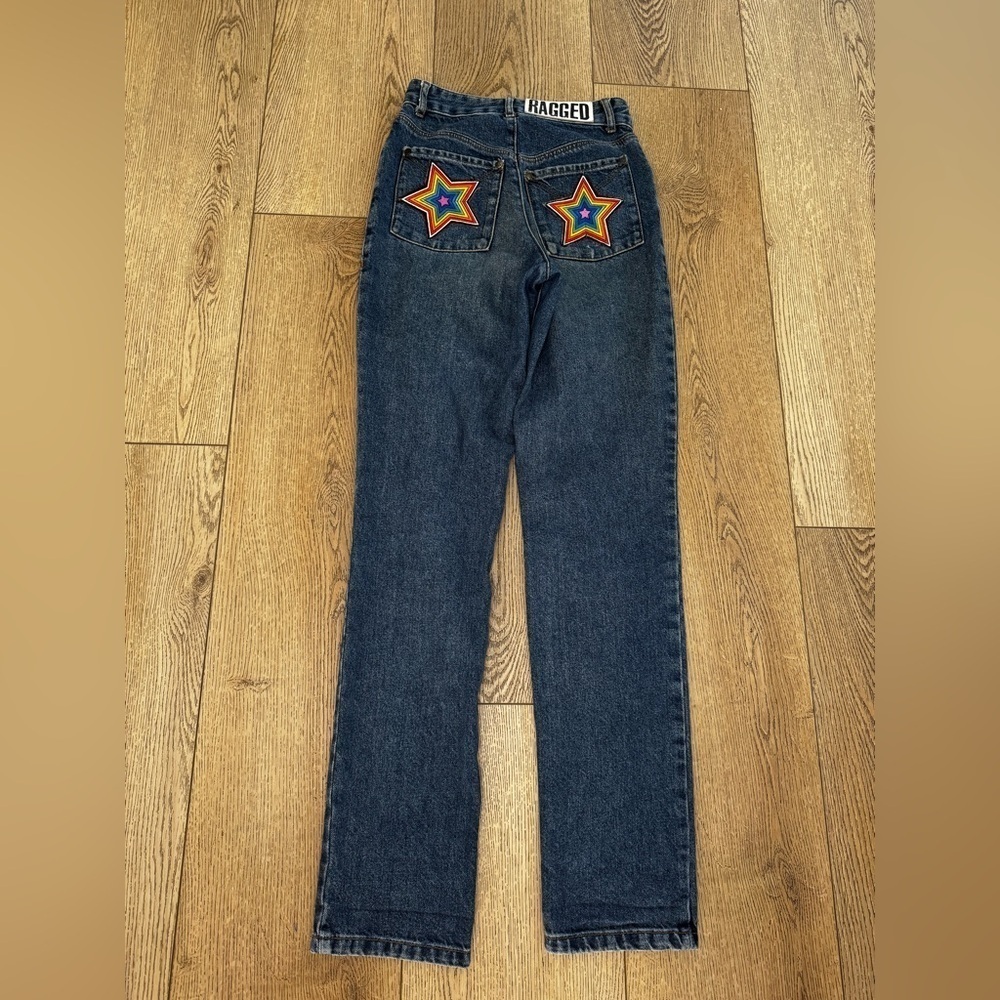 The Ragged Priest Dark Blue Straight Leg Jeans with Star Patches